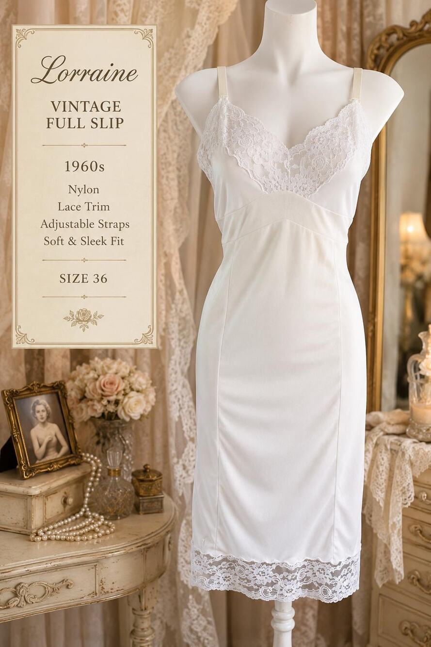 Vintage Lorraine Full Slip White Lace Trim Nightgown 1960s Nylon Size 36